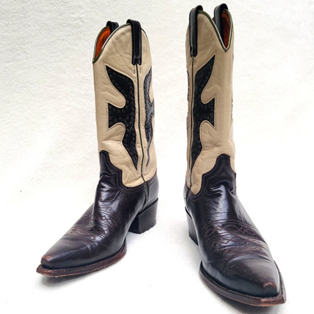 Vintage Frye 'Daisy Dukes' Two-toned Tan and Brown Studded Cowboy Boots, Size 9
